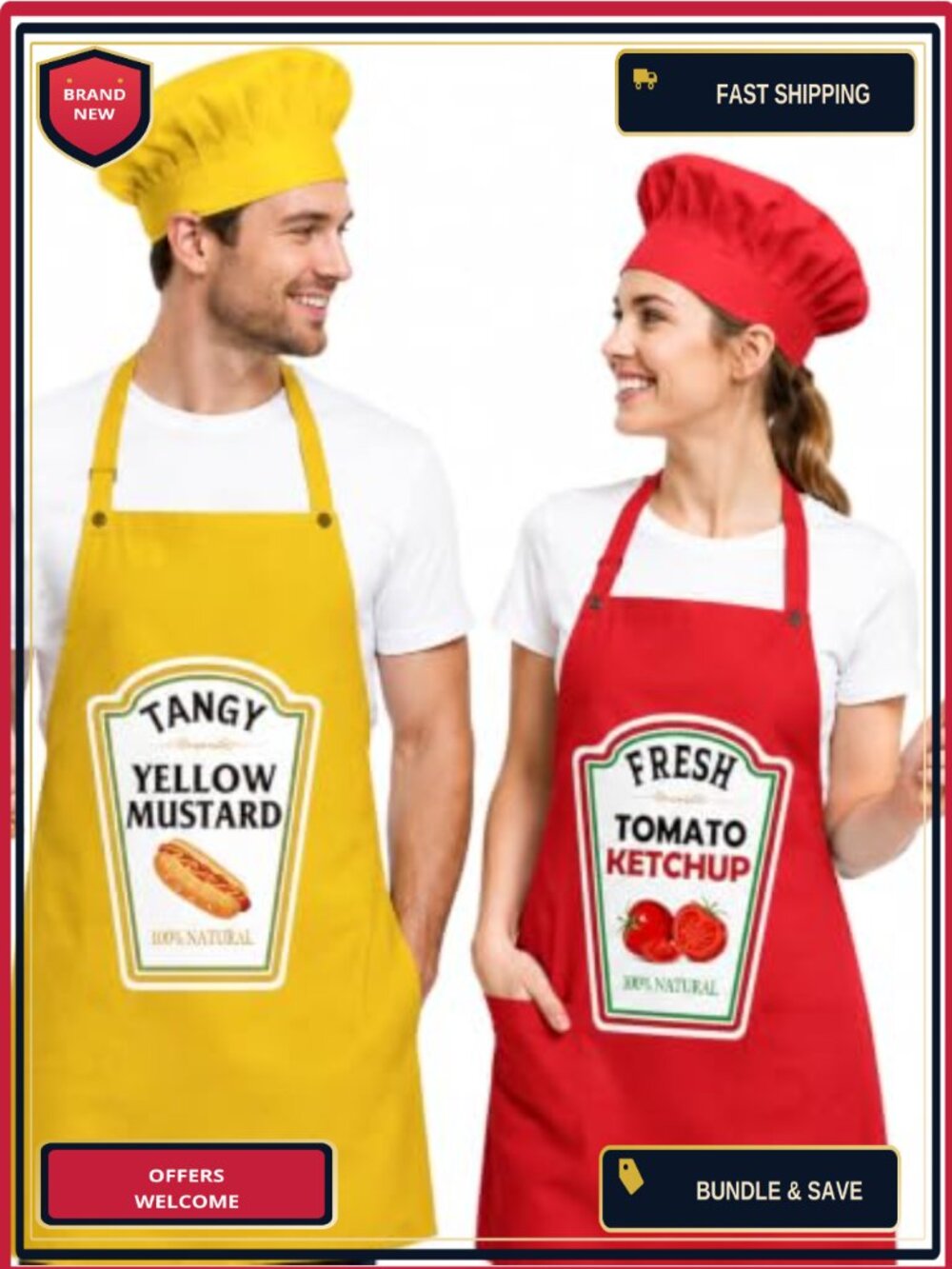 Ketchup Mustard Halloween Costume Set 2 Aprons 2 Chef Hats Polyester Adult One